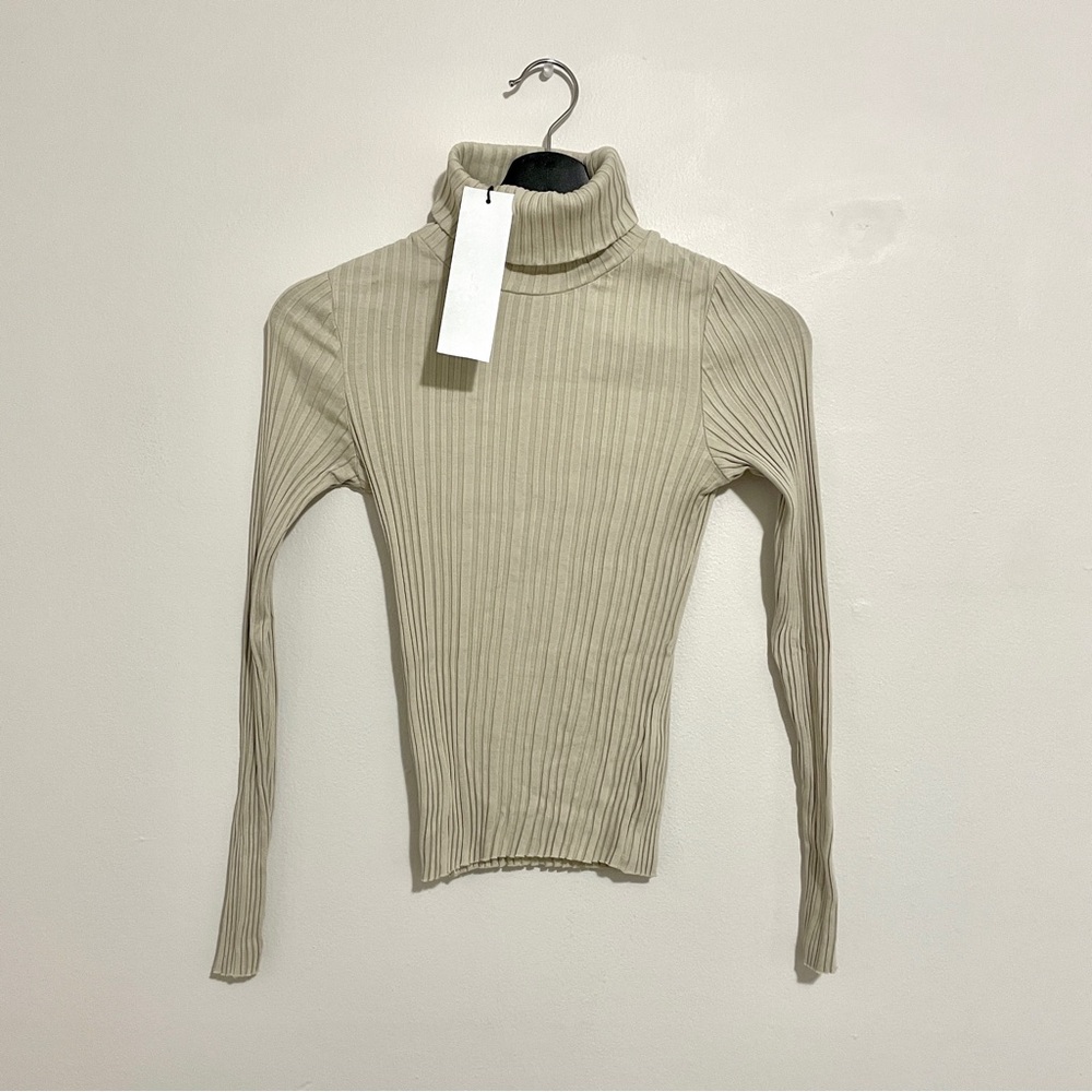 KOTN Ribbed Long Sleeve Fitted Slim Lightweight Turtleneck Top (Moon, XS)